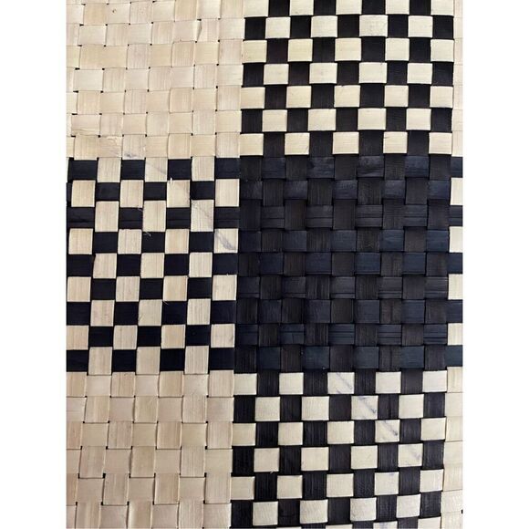 Checkered Beach Shop Tote Purse Bag with Beaded Handles Cream Black Checkered #1 - Picture 5 of 5